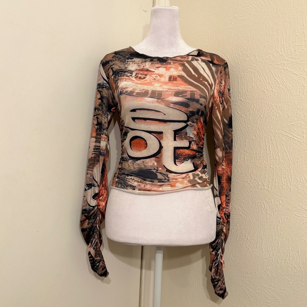 Y2K Grunge Punk Cyber Streetwear Abstract Ruched Sheer Mesh Long Sleeve Top